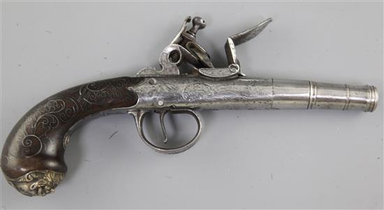 A cannon-barrelled flintlock boxlock pocket pistol, 7.75in.